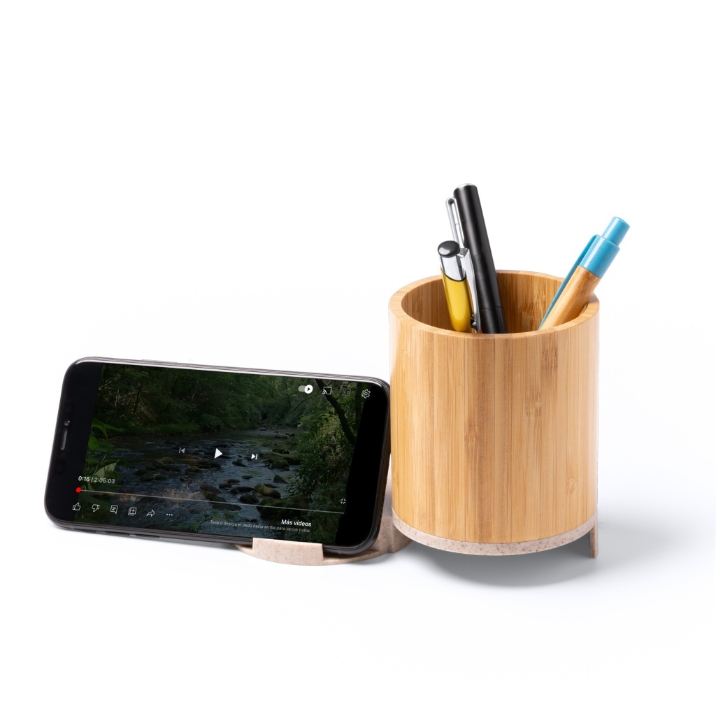 Celik - Uchwyt na ołówek z główną konstrukcją wykonaną z bambusa i podstawą z funkcją bezprzewodowej ładowarki z włókna pszennego.