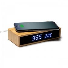 DUNCER - Zegar stołowy z bezprzewodową ładowarką 5 W, z bambusa